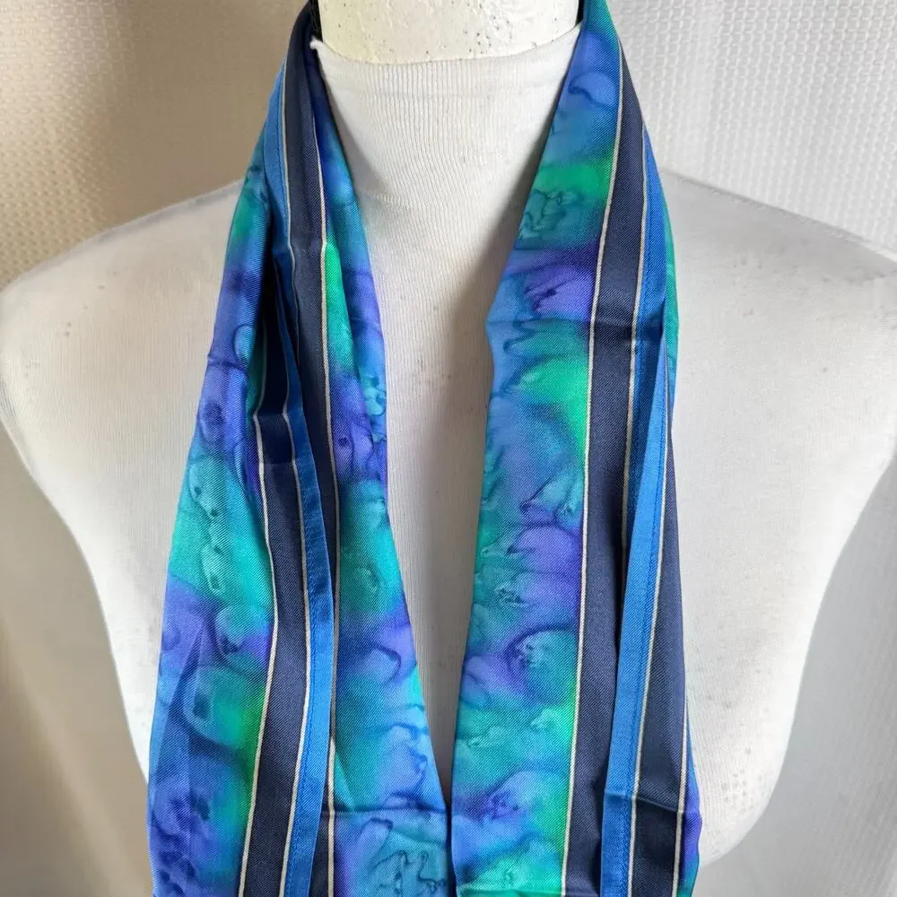 Hand Painted Silk Scarf Kathy Scrivens Blue Green Made In Scotland 11x57